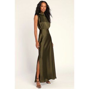 Lulu's Classic Elegance Satin Sleeveless Mock Neck Maxi Dress Dark Olive Green
